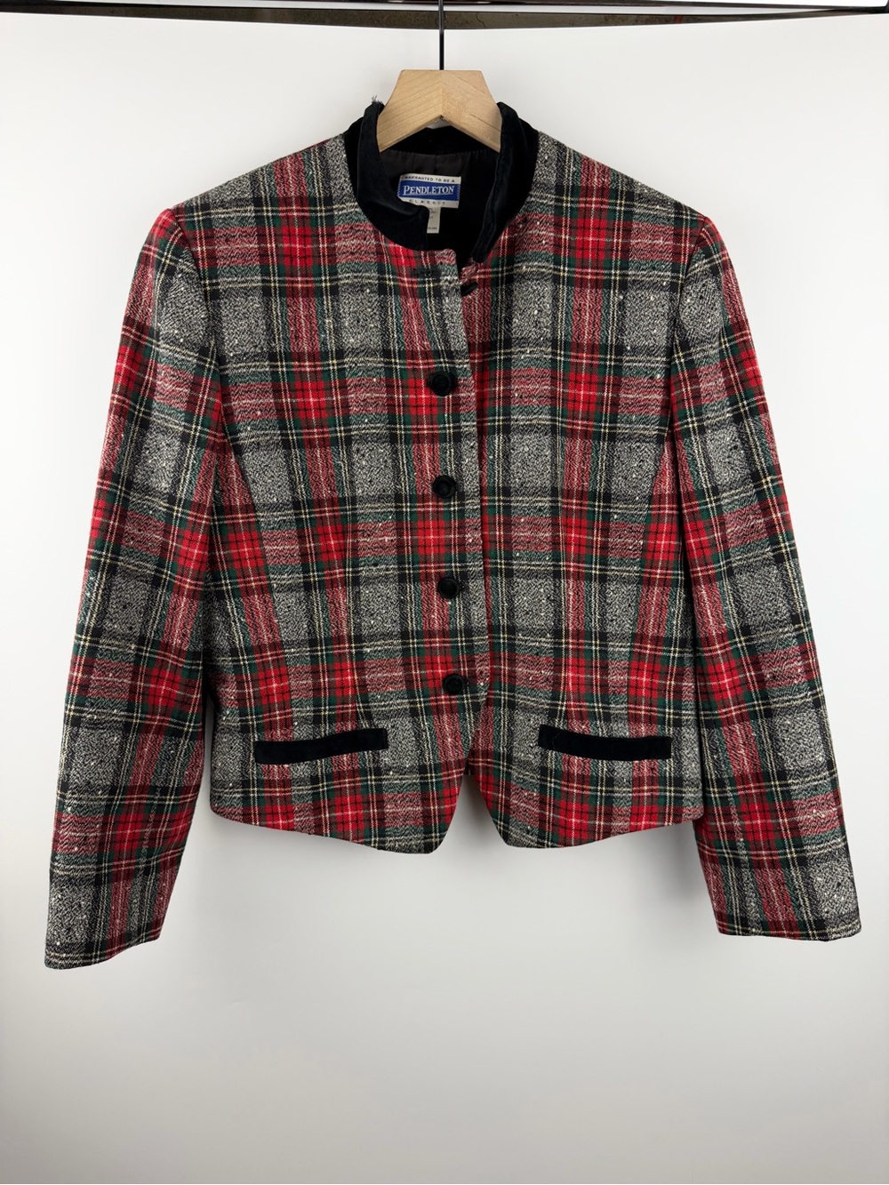 Pendleton Vintage Wool Tartan Mandarin Collar Plaid Velvet Coat 14